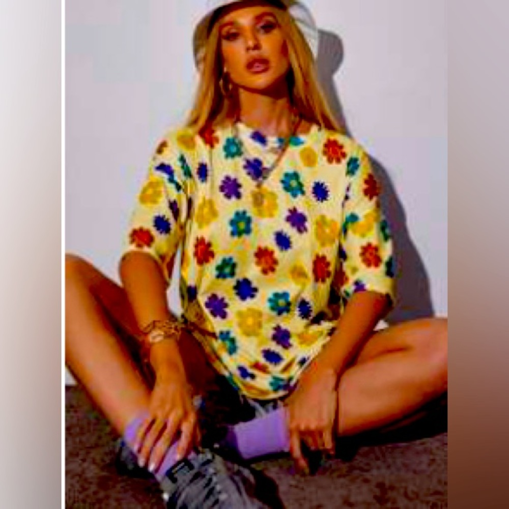 Drop Shoulder Floral Print Longline Tee